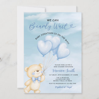 Invitation We can bearly wait Blue balloon Boy baby shower