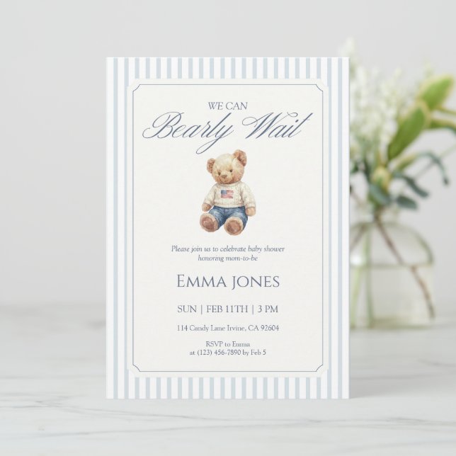 Invitation We Can Bearly Wait Blue stripe pattern shower (Debout devant)