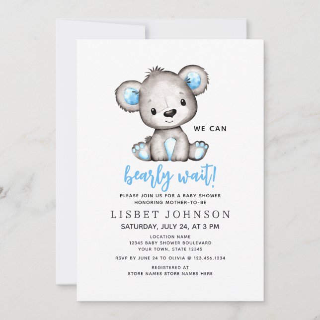 Invitation We Can Bearly Wait Blue Teddy Bear Baby Shower (Devant)