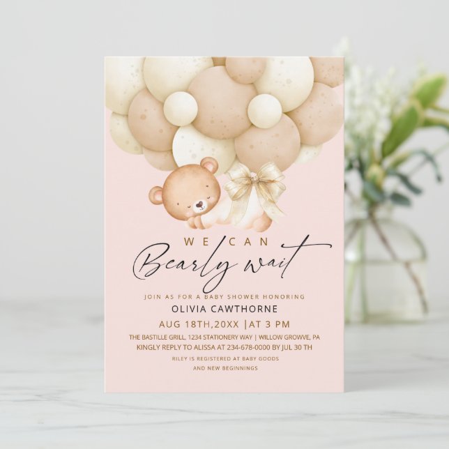 Invitation We can Bearly Wait Blush Pink Baby Shower   (Debout devant)