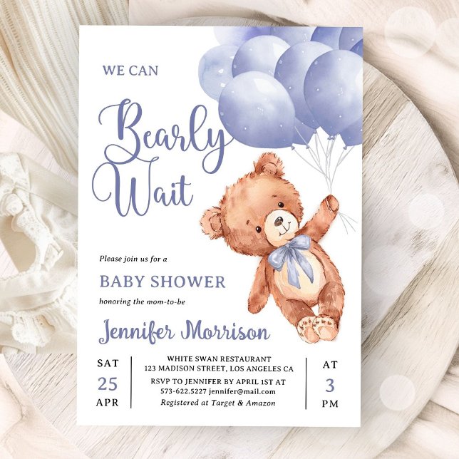 Invitation We Can Bearly Wait Boy Blue Teddy Bear Baby Shower (Créateur téléchargé)