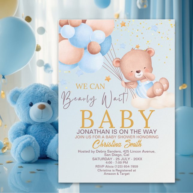 Invitation We Can Bearly Wait Cute Bear Boy Baby Shower (Créateur téléchargé)