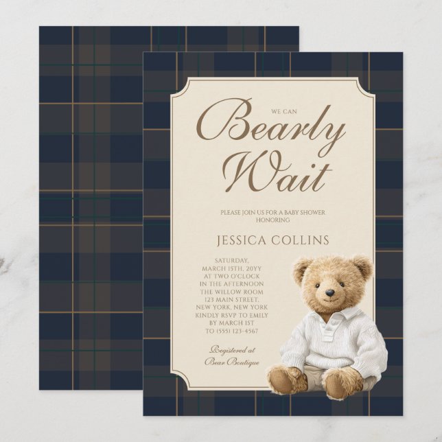 Invitation We Can Bearly Wait Cute Cub Teddy Bear Baby Shower (Devant / Derrière)
