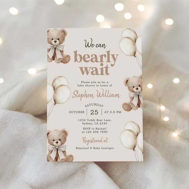 Invitation We Can Bearly Wait Elegant Teddy Bear Baby Shower (Créateur téléchargé)