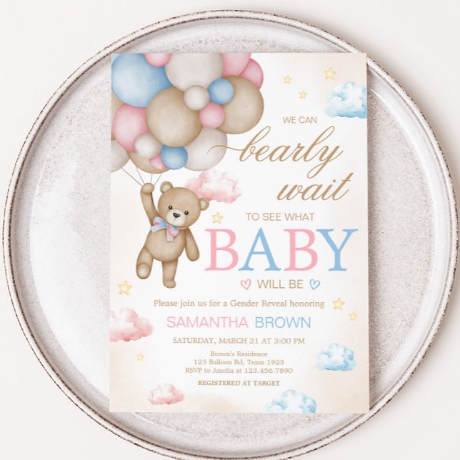 Invitation We Can Bearly Wait Gender Reveal  (Bear Balloon He or She Gender Reveal Invitation)