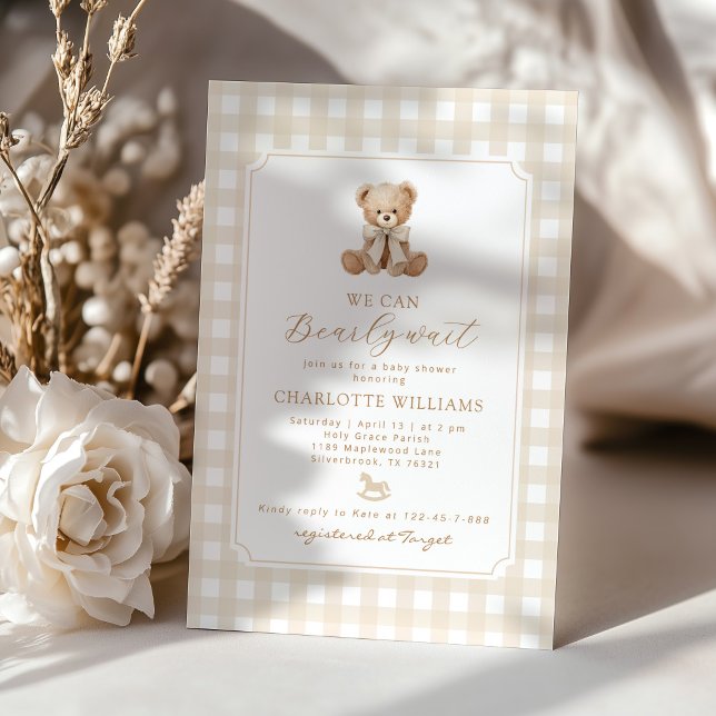 Invitation  We can bearly wait Gingham teddy bear baby shower (Créateur téléchargé)