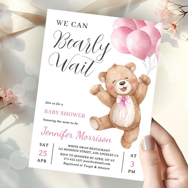 Invitation We Can Bearly Wait Girl Teddy Bear Baby Shower (Créateur téléchargé)