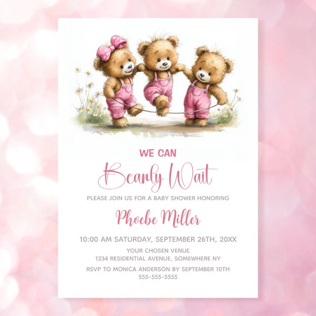 Invitation We Can Bearly Wait Girl Teddy Bears Baby Shower (Créateur téléchargé)