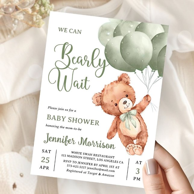 Invitation We Can Bearly Wait Green Teddy Bear Baby Shower (Créateur téléchargé)
