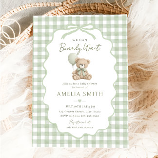 Invitation We Can Bearly Wait Green Teddy Bear Baby Shower
