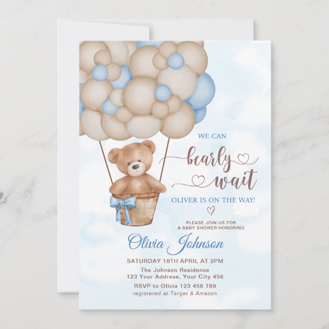 Invitation We Can Bearly Wait Hot Air Balloon Baby Shower (Devant)