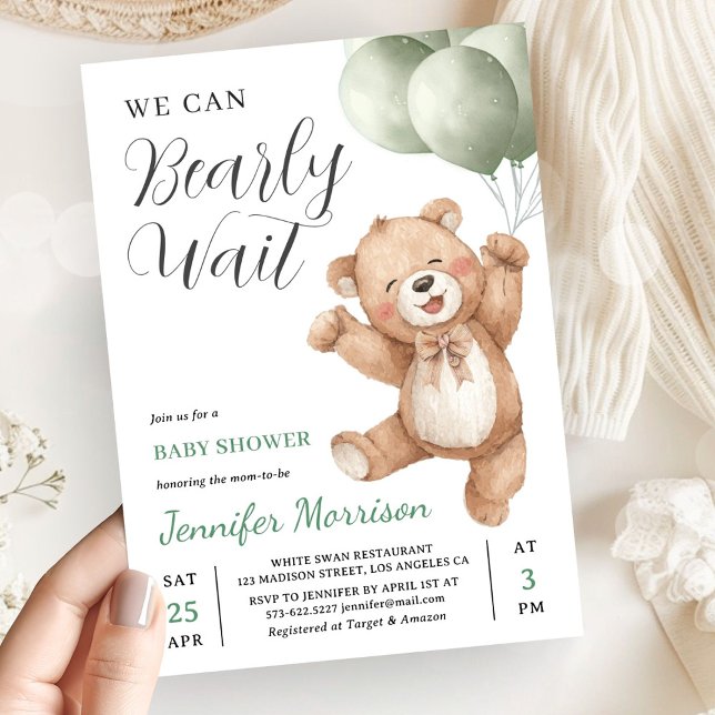 Invitation We Can Bearly Wait Neutral Teddy Bear Baby Shower (Créateur téléchargé)
