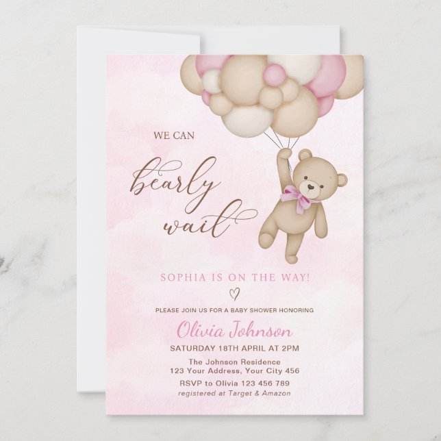 Invitation We Can Bearly Wait Pink Baby Shower (Devant)