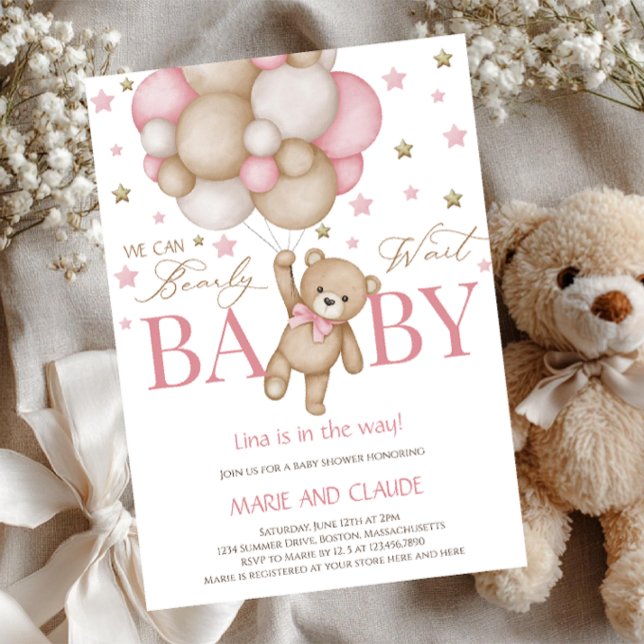 Invitation We can Bearly Wait Pink&beige Balloons baby shower (Créateur téléchargé)