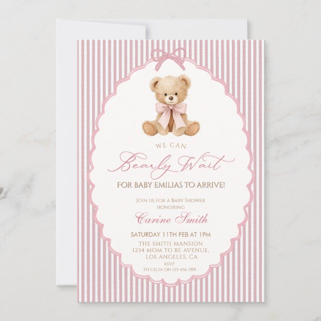 Invitation We Can Bearly Wait pink bow girl Baby Shower (Devant)