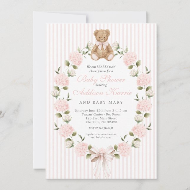 Invitation We can bearly wait pink bow Girl Baby Shower (Devant)