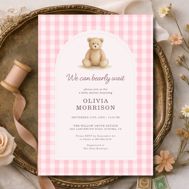 Invitation We Can Bearly Wait Pink Gingham Baby Shower (Créateur téléchargé)