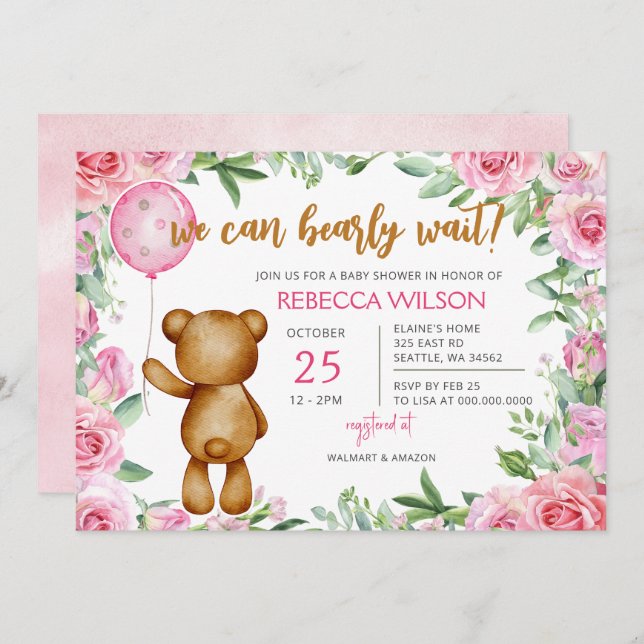 Invitation We Can Bearly Wait Pink Girl Baby Shower (Devant / Derrière)