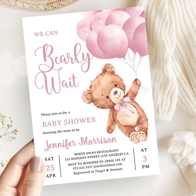 Invitation We Can Bearly Wait Pink Teddy Bear Baby Shower (Créateur téléchargé)