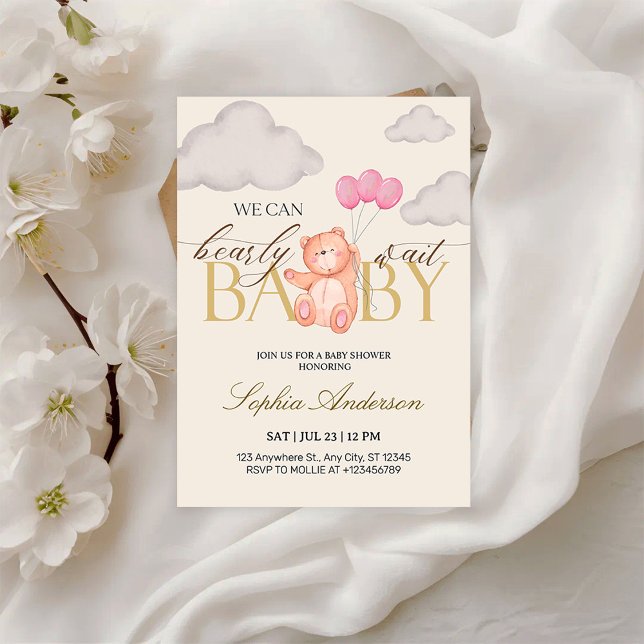 Invitation We Can Bearly Wait Pink Teddy Bear Baby Shower (Créateur téléchargé)