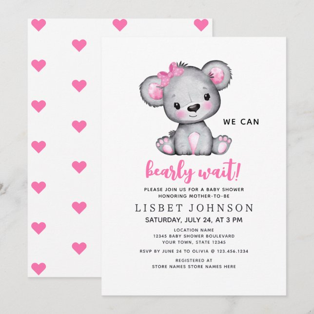 Invitation We Can Bearly Wait Pink Teddy Bear Baby Shower (Devant / Derrière)