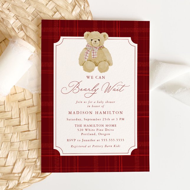 Invitation We Can Bearly Wait Plaid Teddy Bear Baby Shower (Créateur téléchargé)