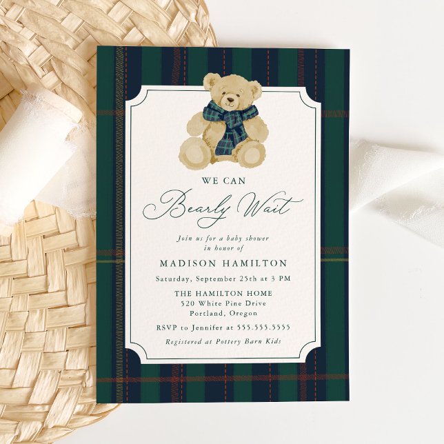 Invitation We Can Bearly Wait Plaid Teddy Bear Baby Shower (Créateur téléchargé)