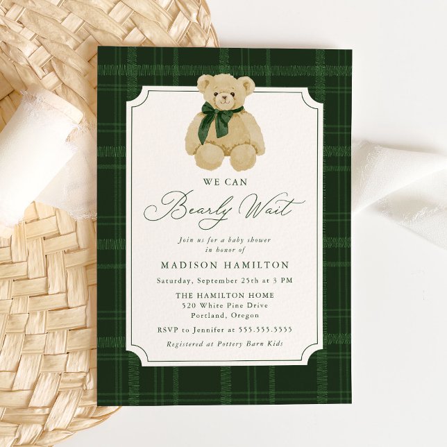 Invitation We Can Bearly Wait Plaid Teddy Bear Baby Shower (Créateur téléchargé)