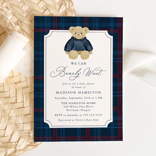 Invitation We Can Bearly Wait Plaid Teddy Bear Baby Shower (Créateur téléchargé)