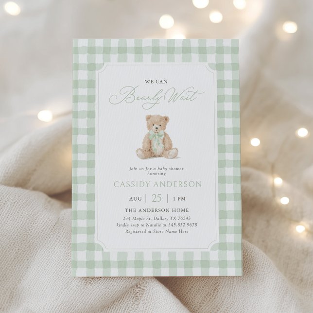 Invitation We Can Bearly Wait Sage Teddy Bear Baby Shower (Créateur téléchargé)
