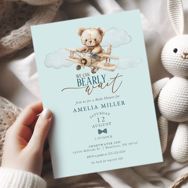 Invitation We Can Bearly Wait Teddy Airplane Blue Baby Shower (We Can Bearly Wait Teddy Airplane Blue Baby Shower Invitation)