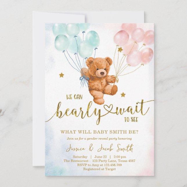 Invitation We Can Bearly Wait Teddy Bear Baby Shower (Devant)