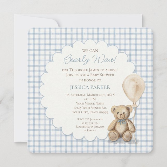 Invitation We Can Bearly Wait Teddy Bear Baby Shower Boy  (Devant)