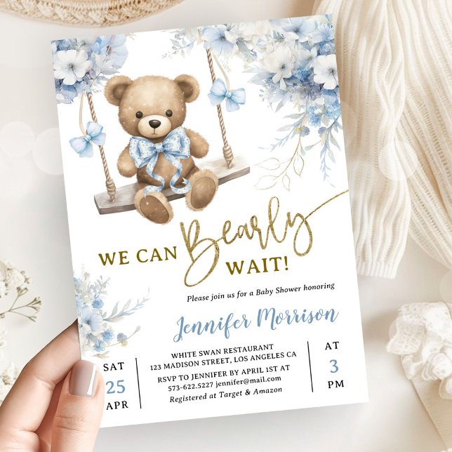 Invitation We Can Bearly Wait Teddy Bear Baby Shower Boy Blue (Créateur téléchargé)