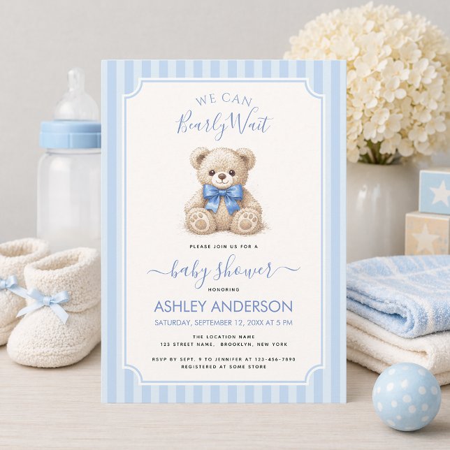Invitation We Can Bearly Wait Teddy Bear Blue Bow Baby Shower (Créateur téléchargé)