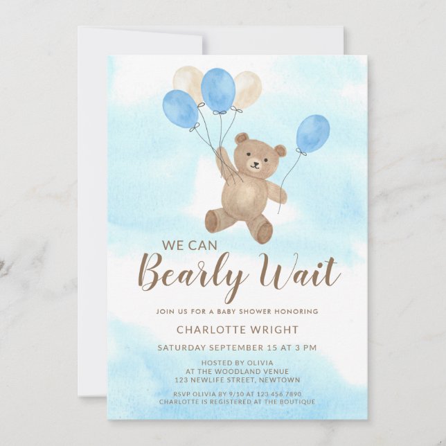 Invitation We Can Bearly Wait Teddy Bear Boy Baby Shower (Devant)