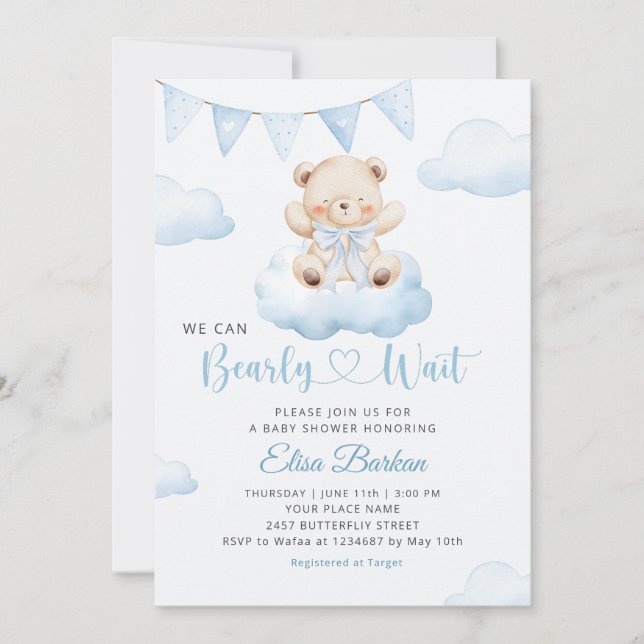 Invitation We Can Bearly Wait Teddy Bear Boy Baby Shower (Devant)