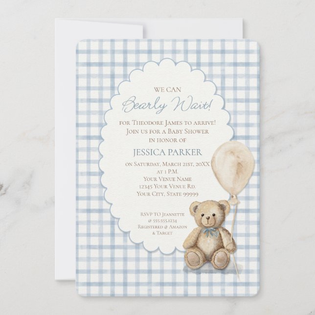 Invitation We Can Bearly Wait Teddy Bear Boy Baby Shower (Devant)