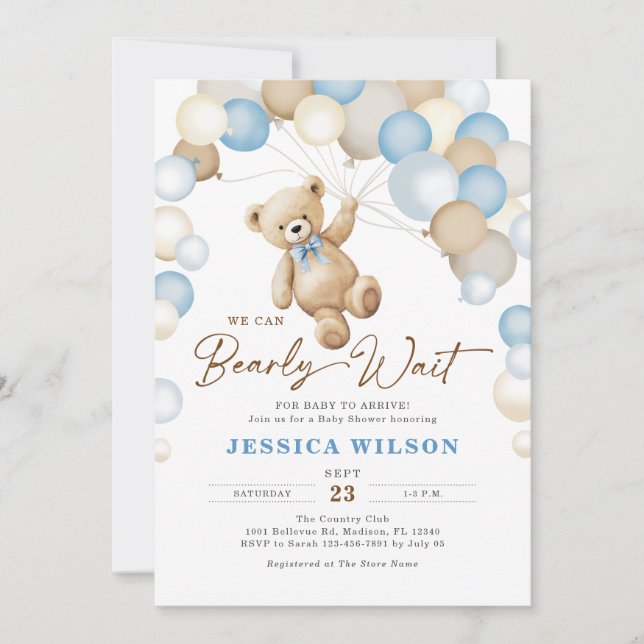 Invitation We Can Bearly Wait Teddy Bear Boy Baby Shower (Devant)
