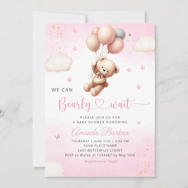 Invitation We Can Bearly Wait Teddy Bear Girl Baby Shower (Devant)