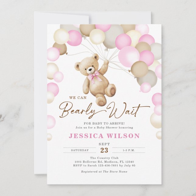 Invitation We Can Bearly Wait Teddy Bear Girl Baby Shower (Devant)
