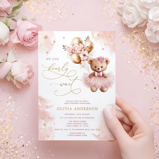Invitation We Can Bearly Wait Teddy Bear Girl Baby Shower Inv (Créateur téléchargé)