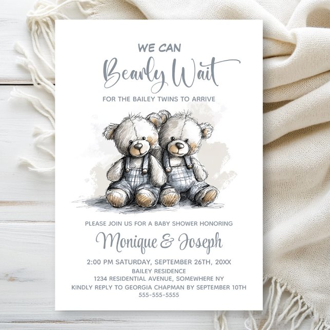 Invitation We Can Bearly Wait Teddy Bear Twins Baby Shower (Créateur téléchargé)