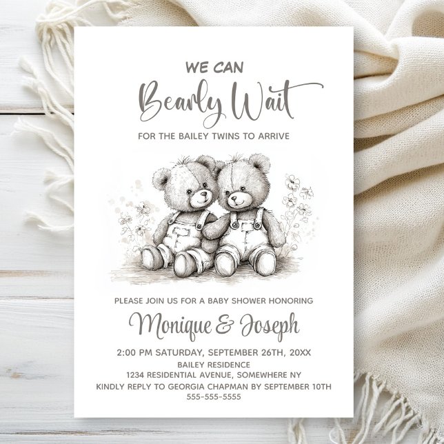 Invitation We Can Bearly Wait Teddy Bear Twins Baby Shower (Créateur téléchargé)