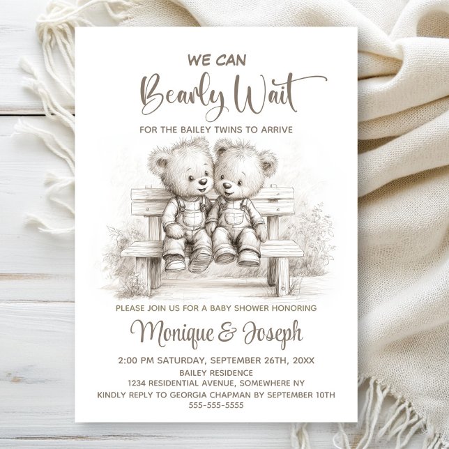 Invitation We Can Bearly Wait Teddy Bear Twins Baby Shower (Créateur téléchargé)