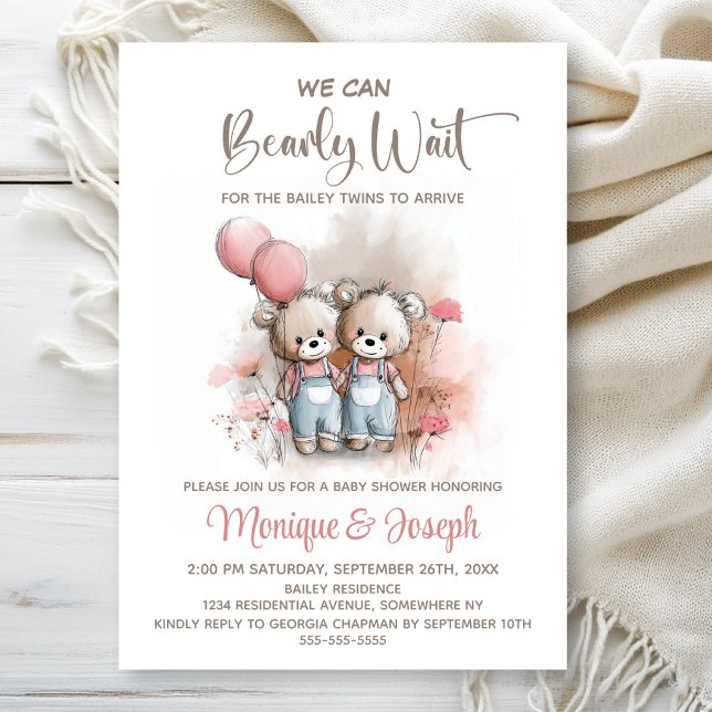 Invitation We Can Bearly Wait Teddy Bear Twins Baby Shower (Créateur téléchargé)