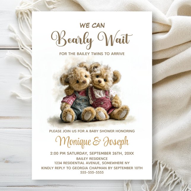 Invitation We Can Bearly Wait Twin Teddy Bears Baby Shower (Créateur téléchargé)