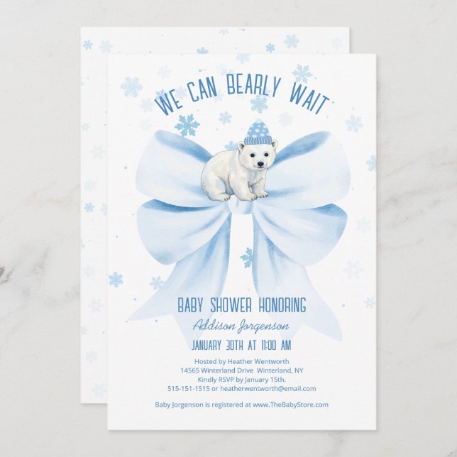Invitation We Can Bearly Wait Winter Polar Bear Baby Shower (Devant / Derrière)