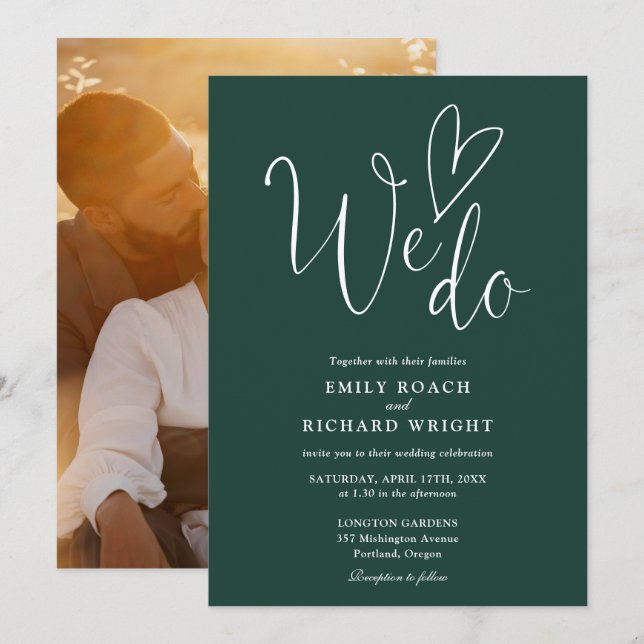 Invitation We Do Love Heart Photo Emerald Green Mariage (Devant / Derrière)