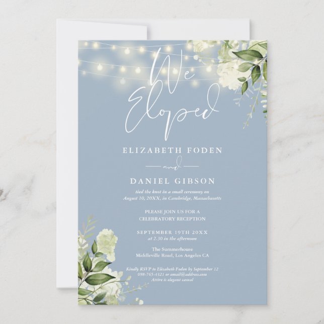 Invitation We Eloped Dusty Blue Wedding Vows Greenery Party (Devant)